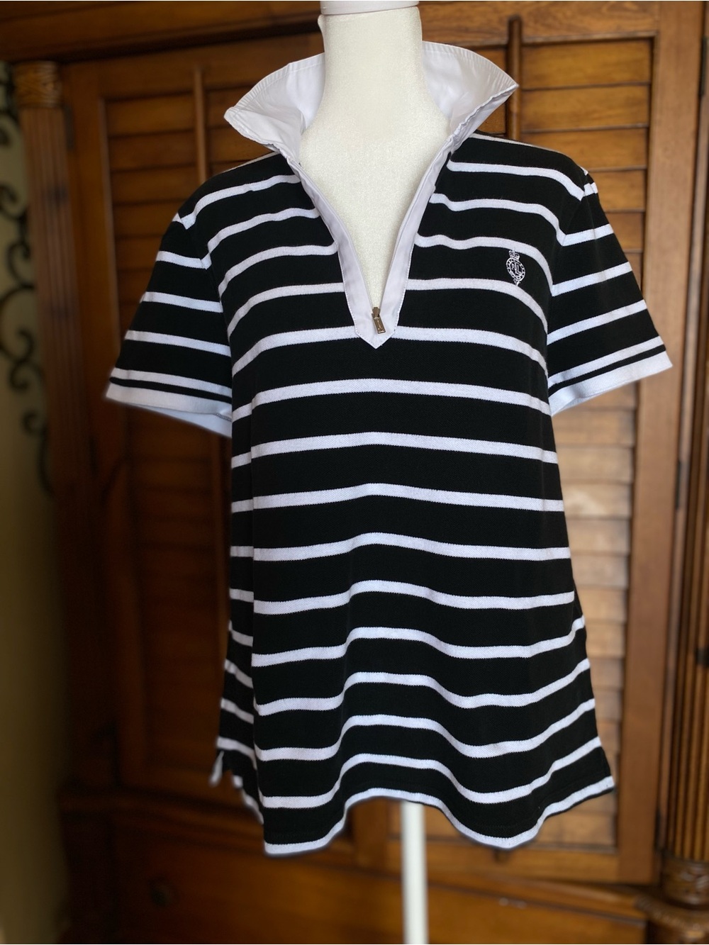 Ralph Lauren Black and White Striped Kids Polo with Zip Collar